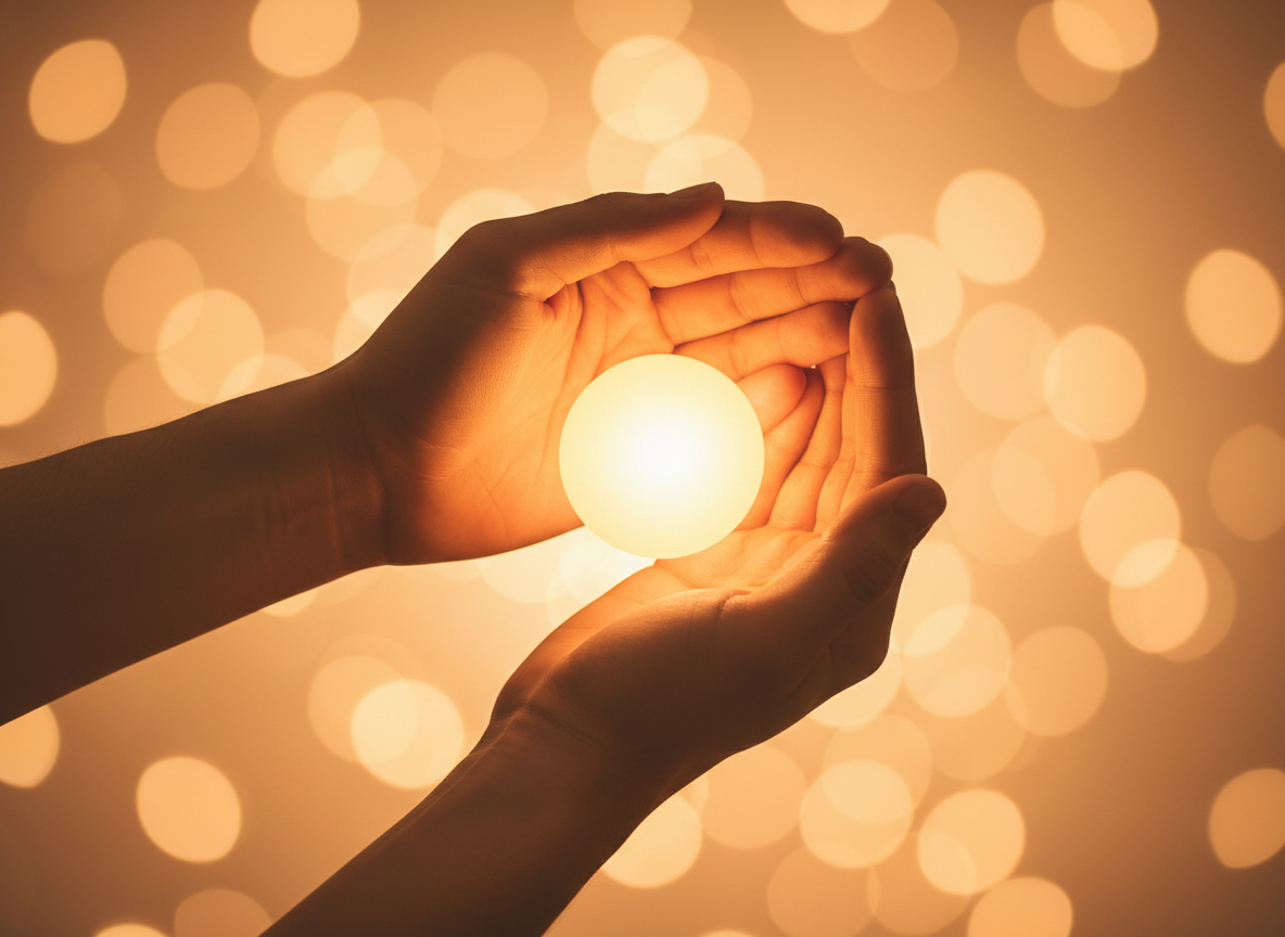 Two warm hands holding a soft golden light